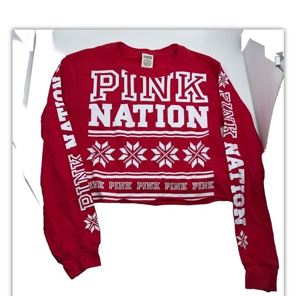 HP🏆 Victoria's Secret Pink Nation Holiday Campus Cropped Long‎ Sleeve Tee, XS - Picture 1 of 3